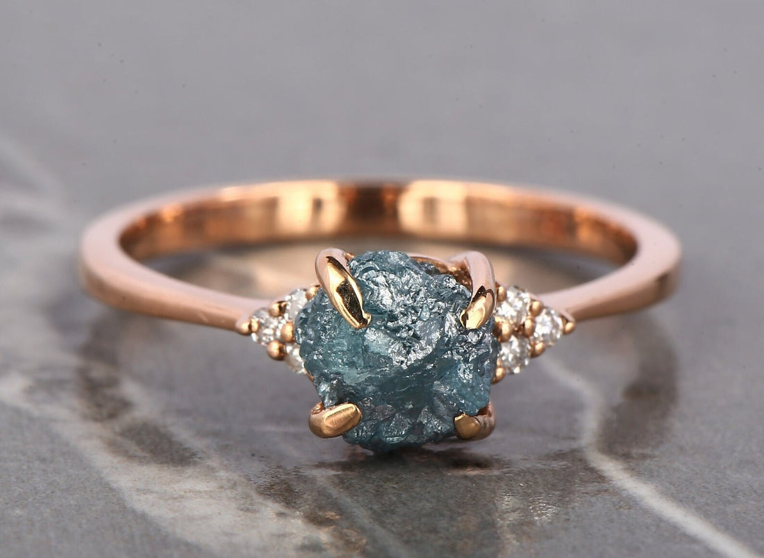 Raw Diamond Ring, 14K Gold Engagement Ring, Natural Blue Rough Diamond Ring, Christmas Gift for Her