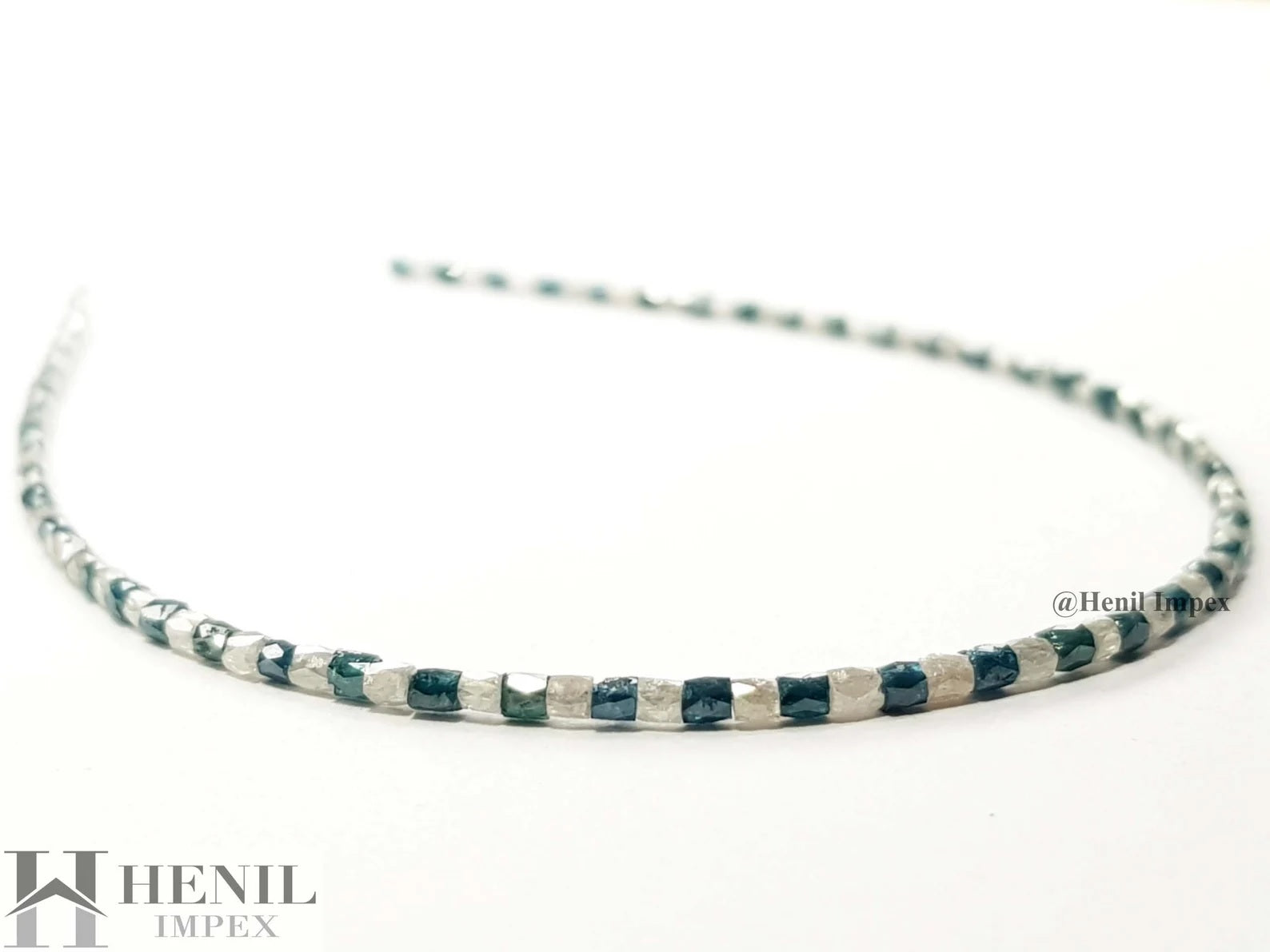 6.00 Ct White and Blue Color Polished Tube Pipe Loose Diamond Beads 7" Bracelet .Silver Clasp