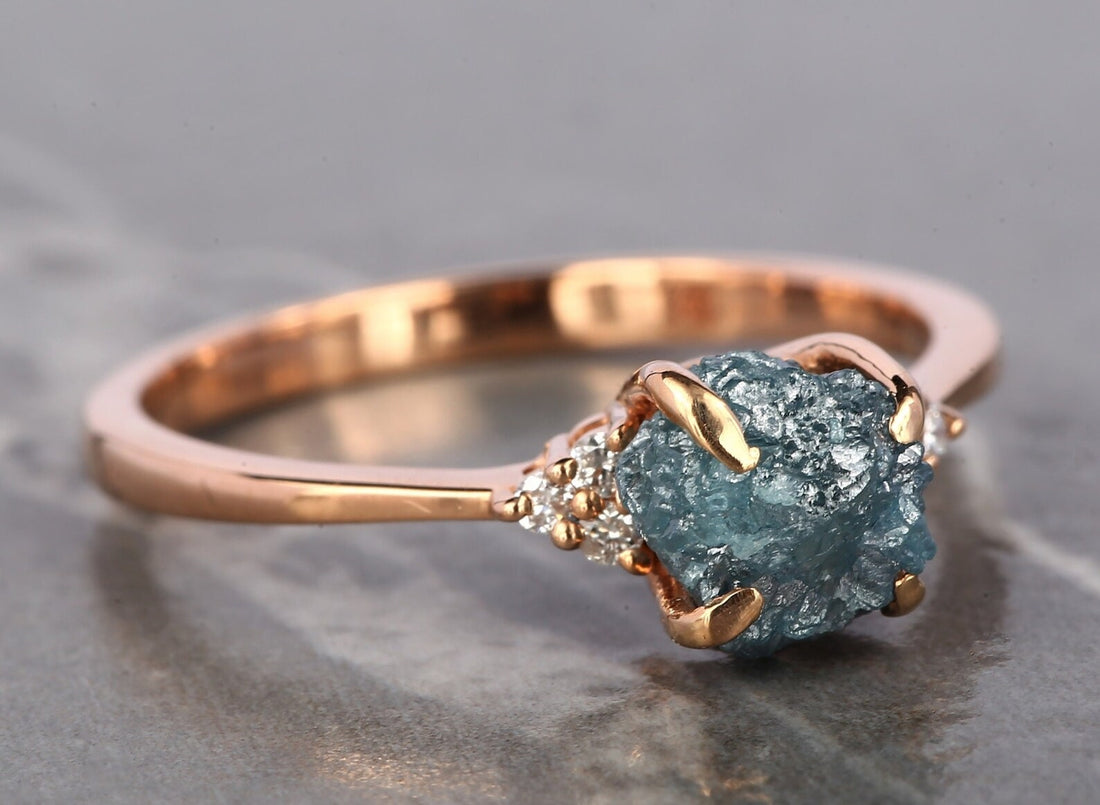 Raw Diamond Ring, 14K Gold Engagement Ring, Natural Blue Rough Diamond Ring, Christmas Gift for Her