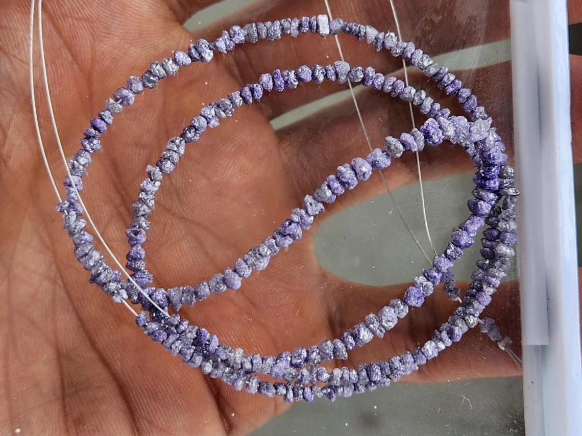 15 carat natural purple rough uncut loose diamond beads 16" strand necklace wt silver clasp