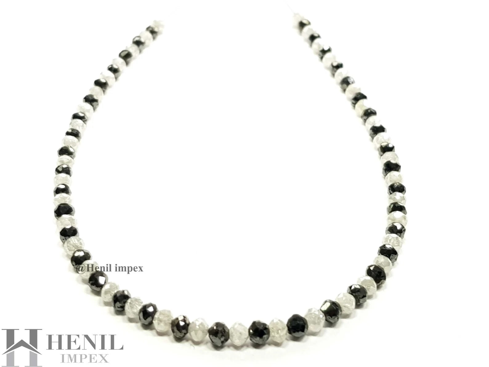15 Cts Natural White Black Color Round Polished Loose Diamond Beads 16" Strand Necklace wt Silver Clasp