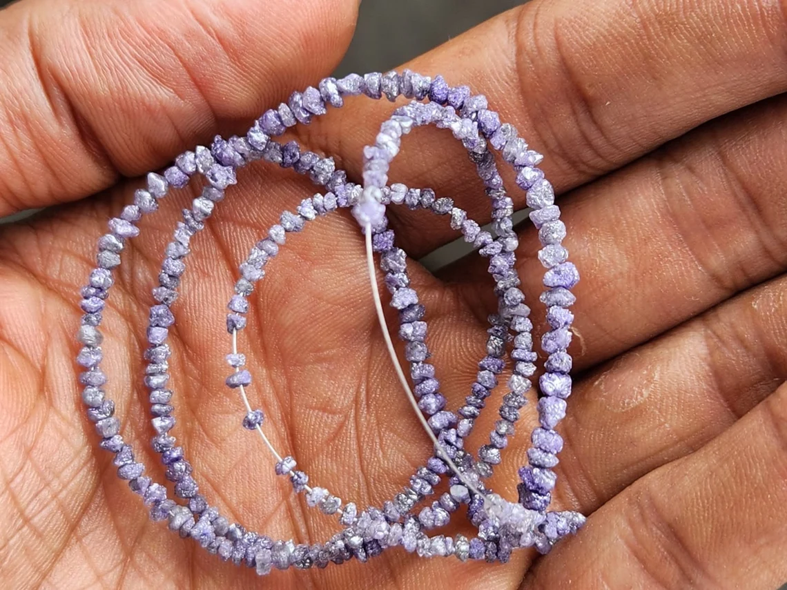 15 carat natural purple rough uncut loose diamond beads 16" strand necklace wt silver clasp