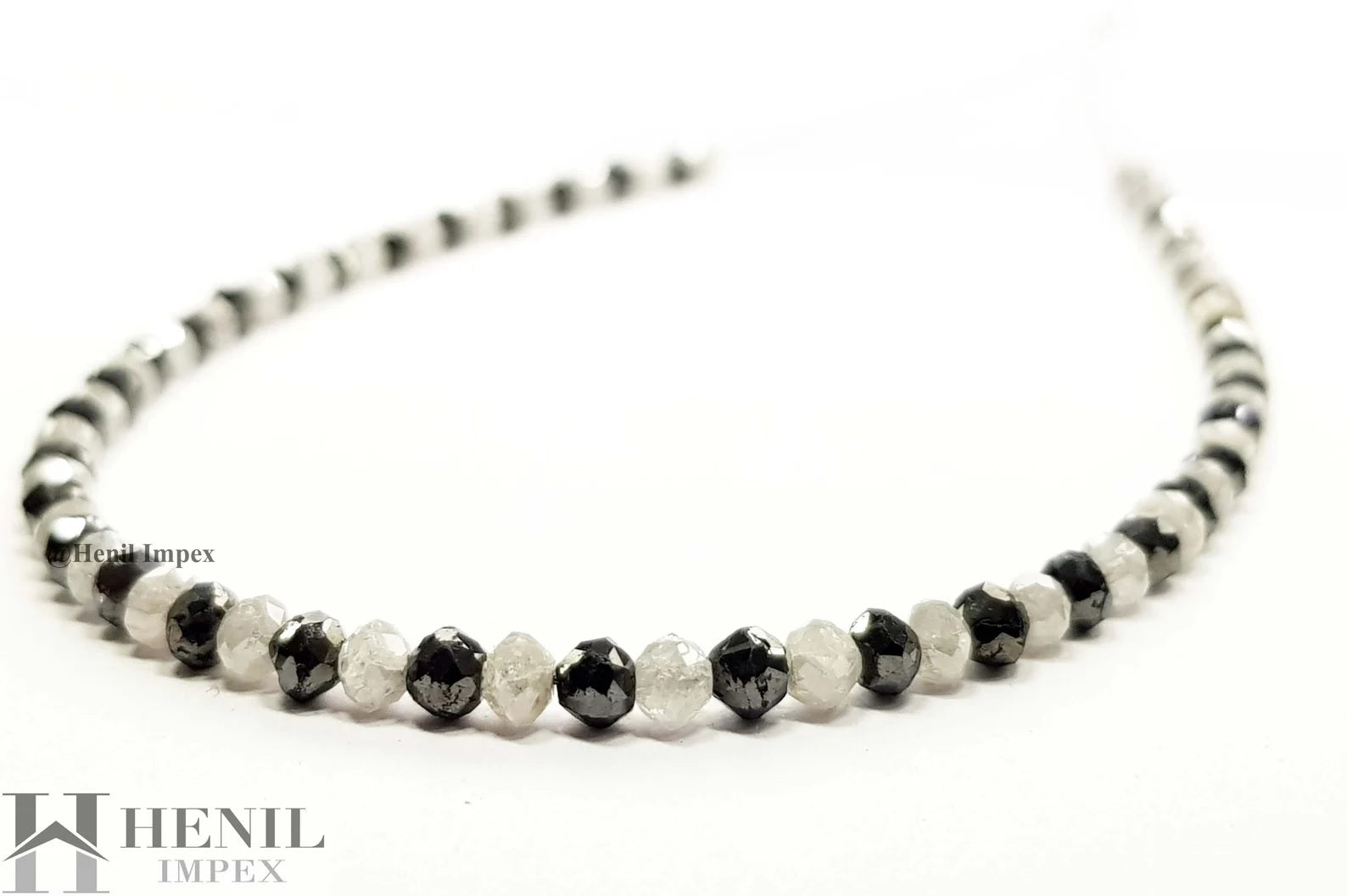 15 Cts Natural White Black Color Round Polished Loose Diamond Beads 16" Strand Necklace wt Silver Clasp