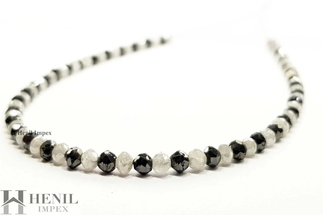15 Cts Natural White Black Color Round Polished Loose Diamond Beads 16" Strand Necklace wt Silver Clasp