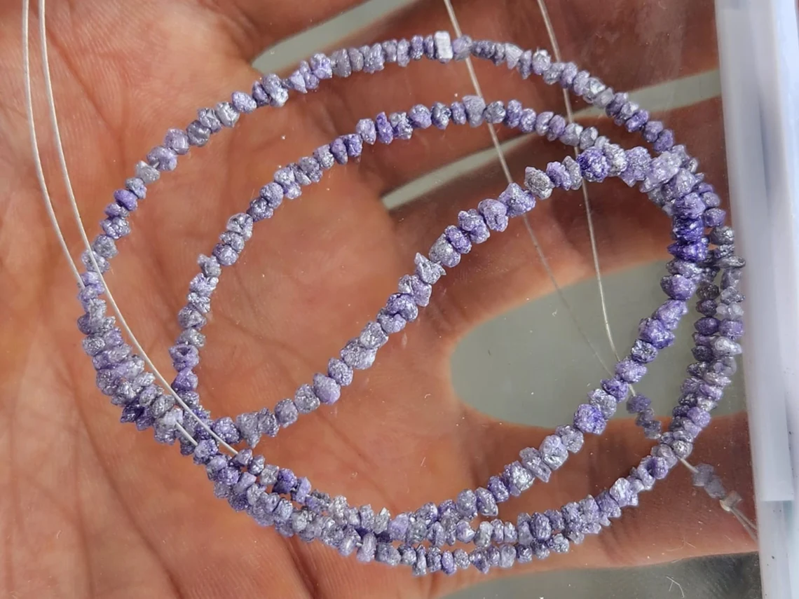 15 carat natural purple rough uncut loose diamond beads 16" strand necklace wt silver clasp