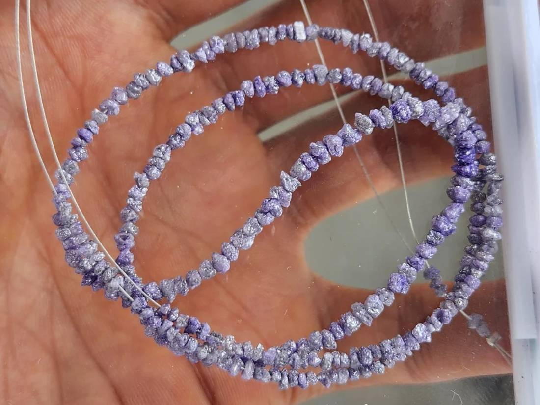 20 carat natural purple rough uncut loose diamond beads 16" strand necklace chain wt silver clasp