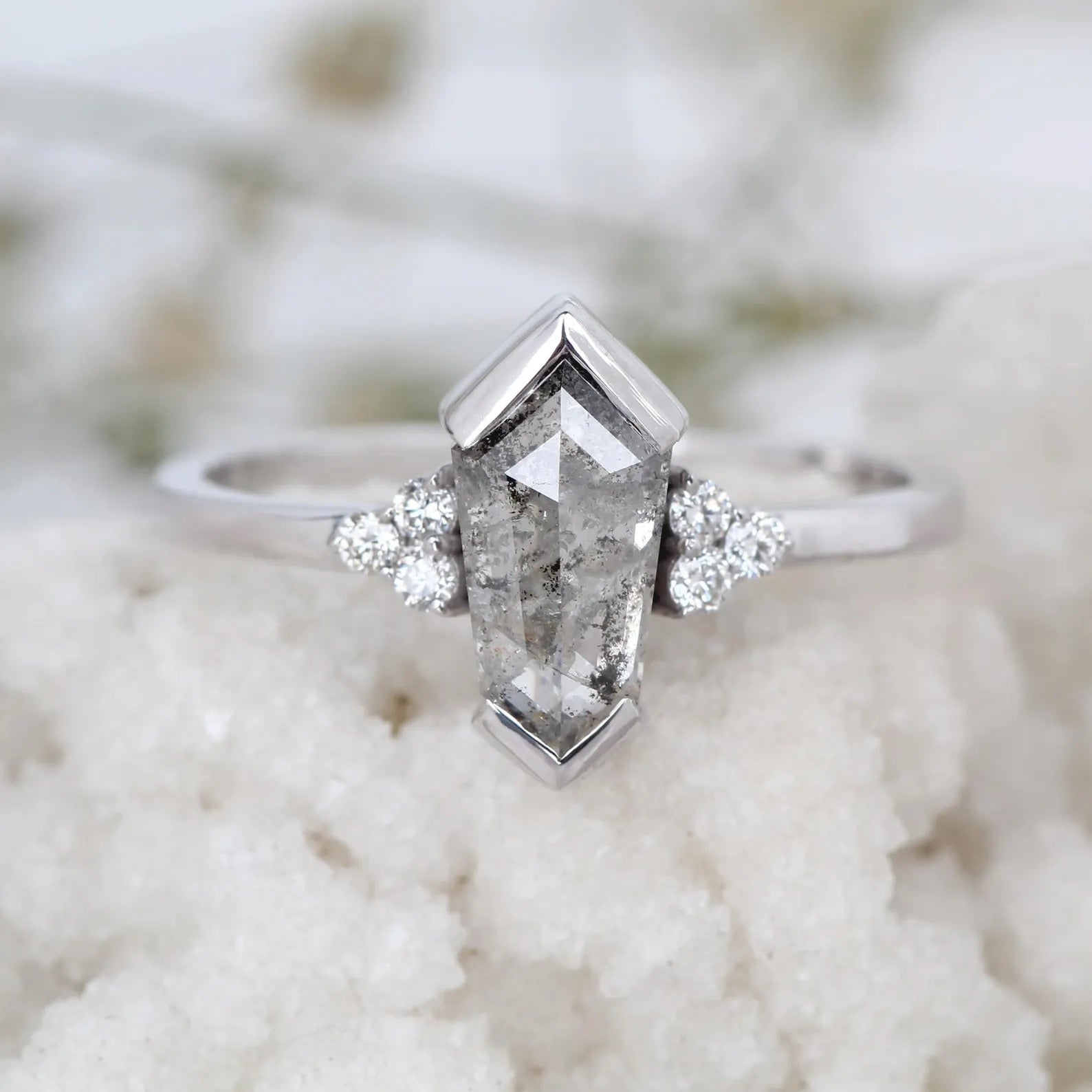 Salt and Pepper Diamond Ring, 14K Gold Engagement Ring, Natural Shield Gray Diamond Ring, Gift for Women