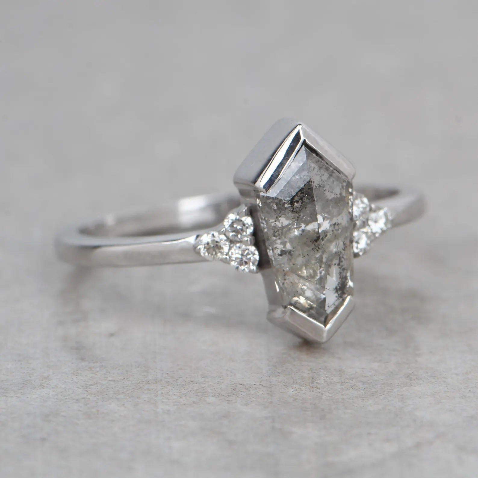 Salt and Pepper Diamond Ring, 14K Gold Engagement Ring, Natural Shield Gray Diamond Ring, Gift for Women