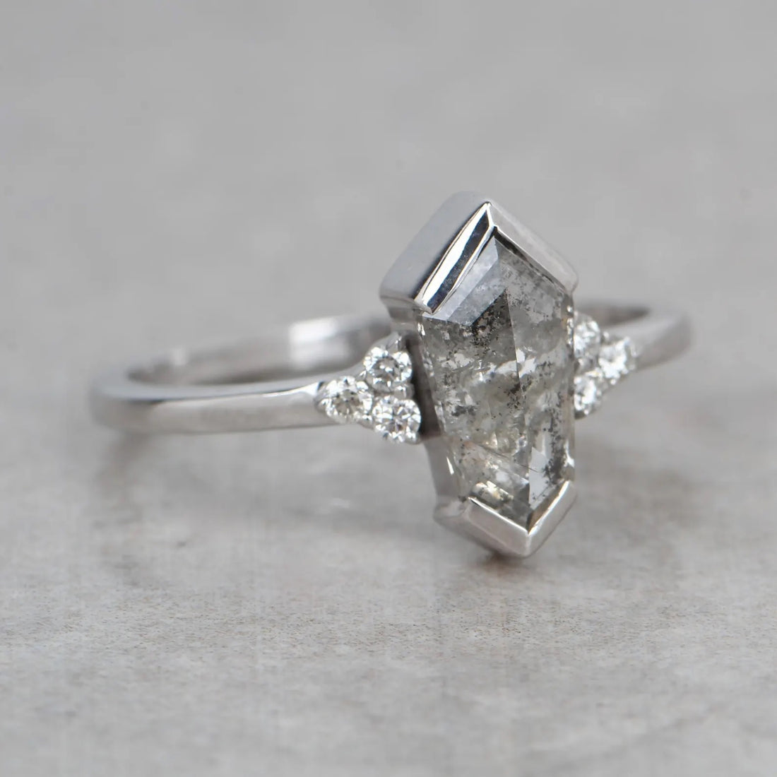 Salt and Pepper Diamond Ring, 14K Gold Engagement Ring, Natural Shield Gray Diamond Ring, Gift for Women