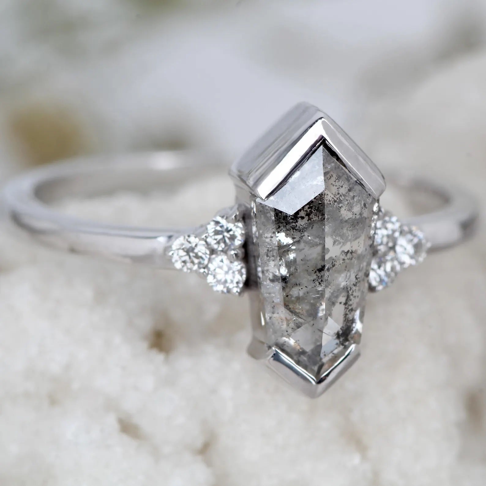 Salt and Pepper Diamond Ring, 14K Gold Engagement Ring, Natural Shield Gray Diamond Ring, Gift for Women