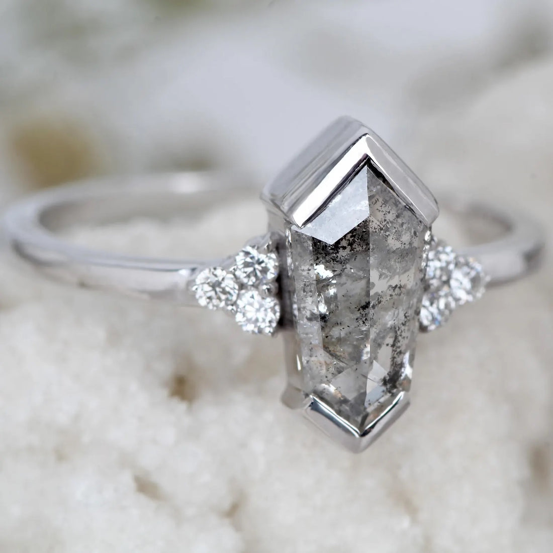 Salt and Pepper Diamond Ring, 14K Gold Engagement Ring, Natural Shield Gray Diamond Ring, Gift for Women