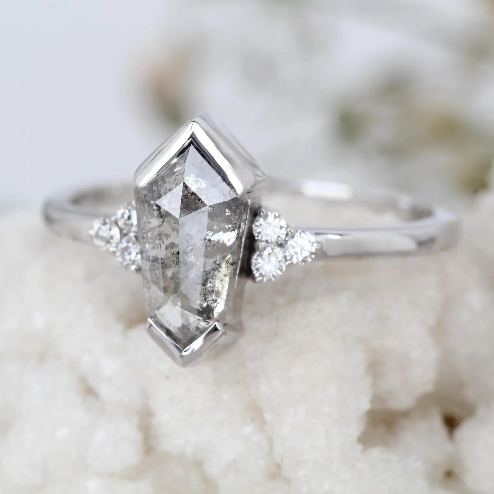Salt and Pepper Diamond Ring, 14K Gold Engagement Ring, Natural Shield Gray Diamond Ring, Gift for Women