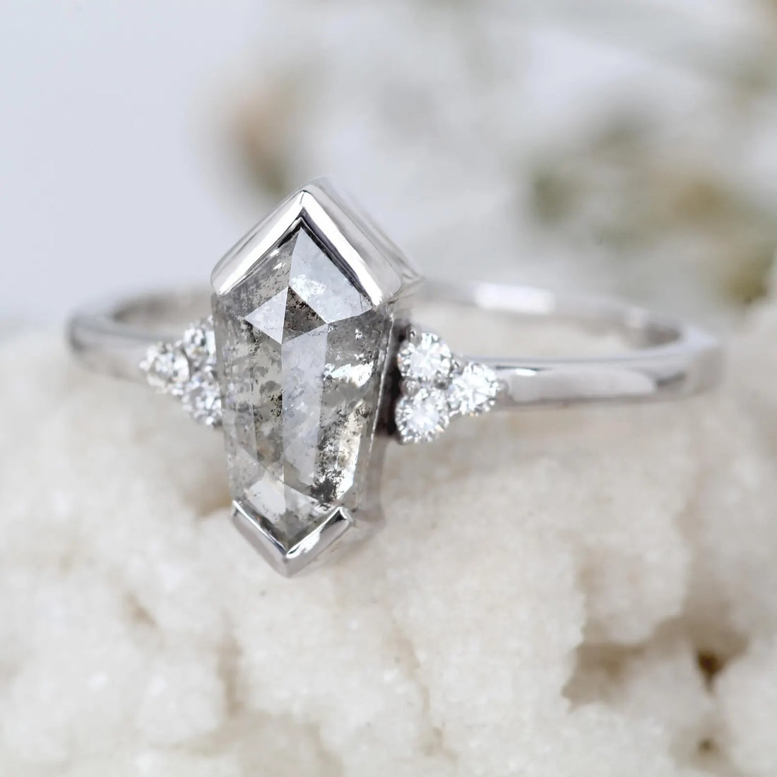 Salt and Pepper Diamond Ring, 14K Gold Engagement Ring, Natural Shield Gray Diamond Ring, Gift for Women