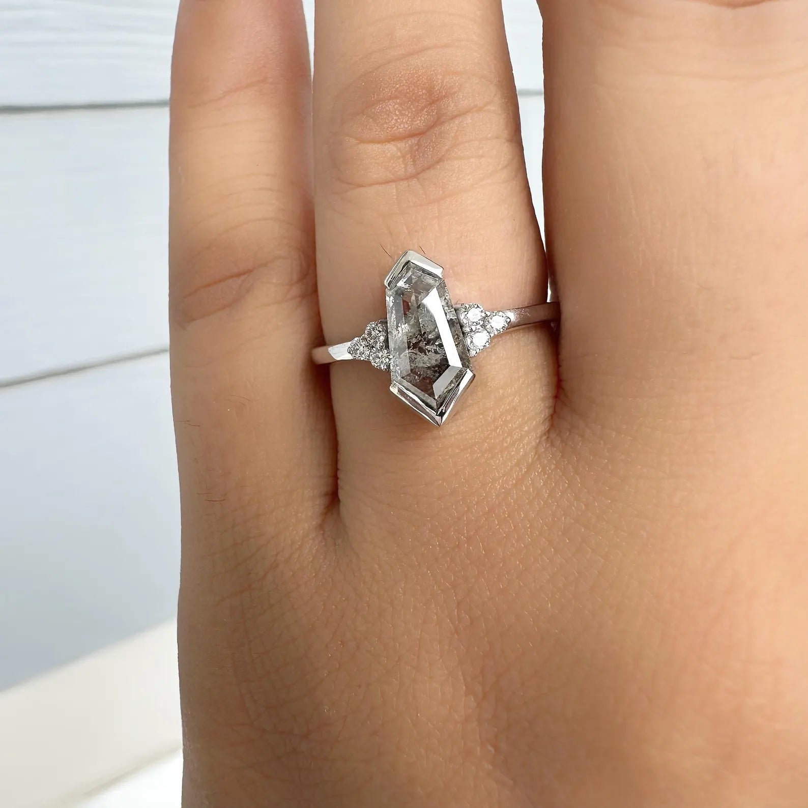 Salt and Pepper Diamond Ring, 14K Gold Engagement Ring, Natural Shield Gray Diamond Ring, Gift for Women
