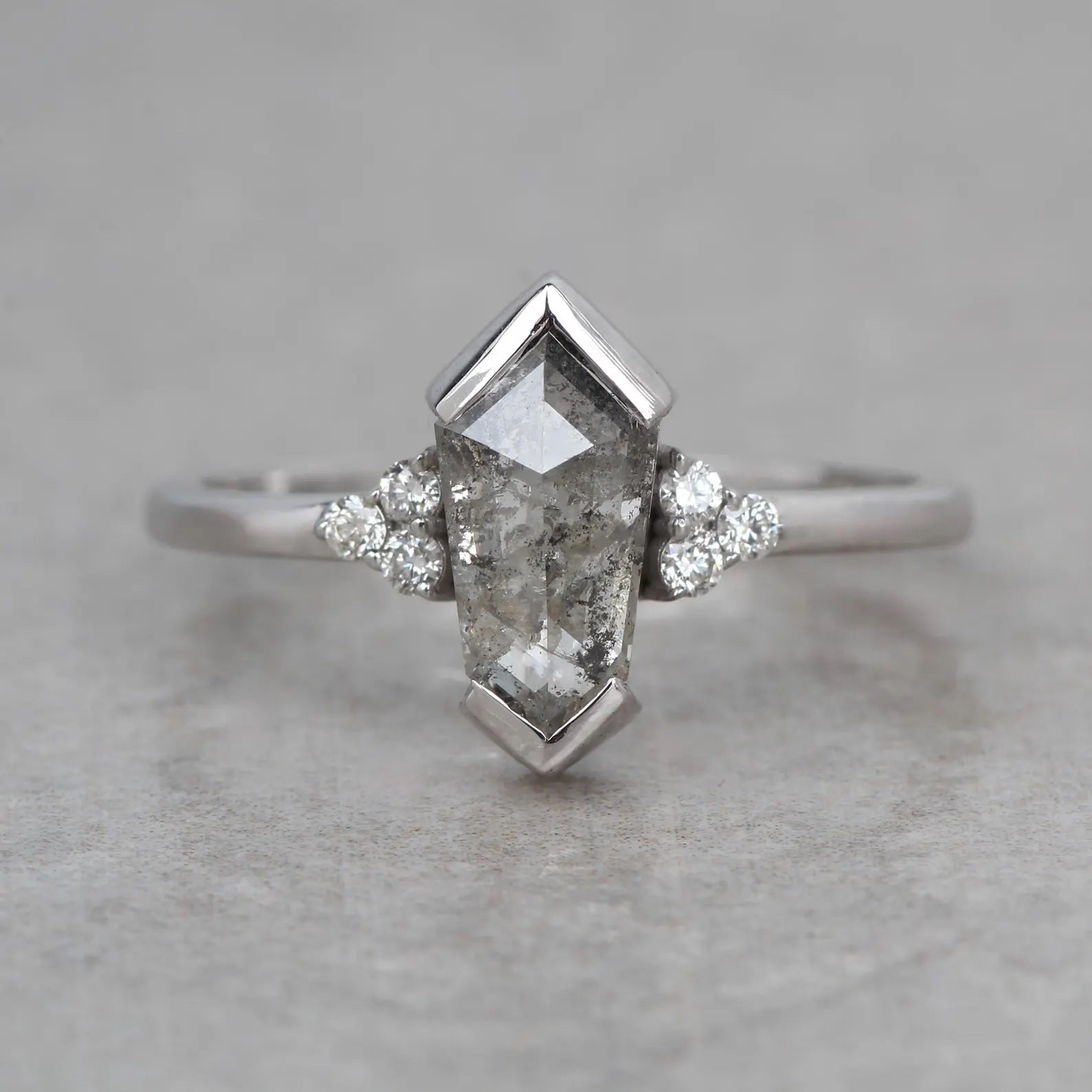 Salt and Pepper Diamond Ring, 14K Gold Engagement Ring, Natural Shield Gray Diamond Ring, Gift for Women
