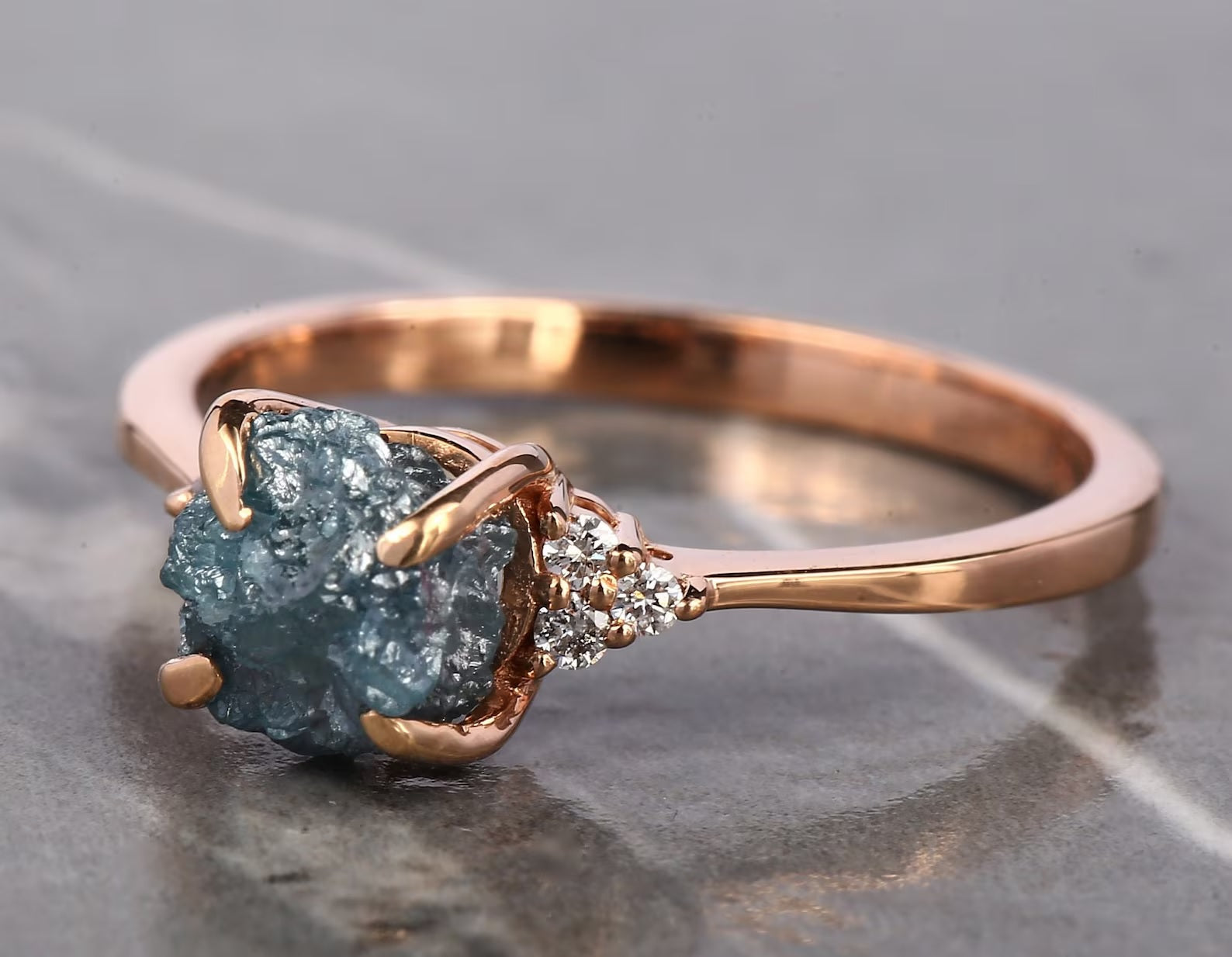 Raw Diamond Ring, 14K Gold Engagement Ring, Natural Blue Rough Diamond Ring, Christmas Gift for Her