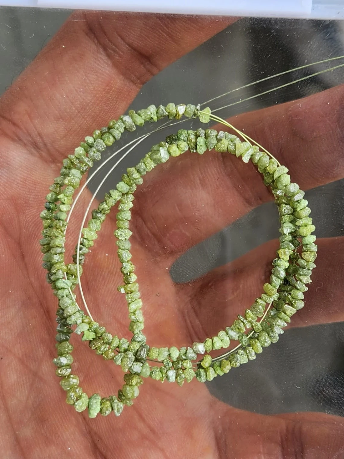 15 carat natural green rough uncut loose diamond beads 16" strand chain silver clasp