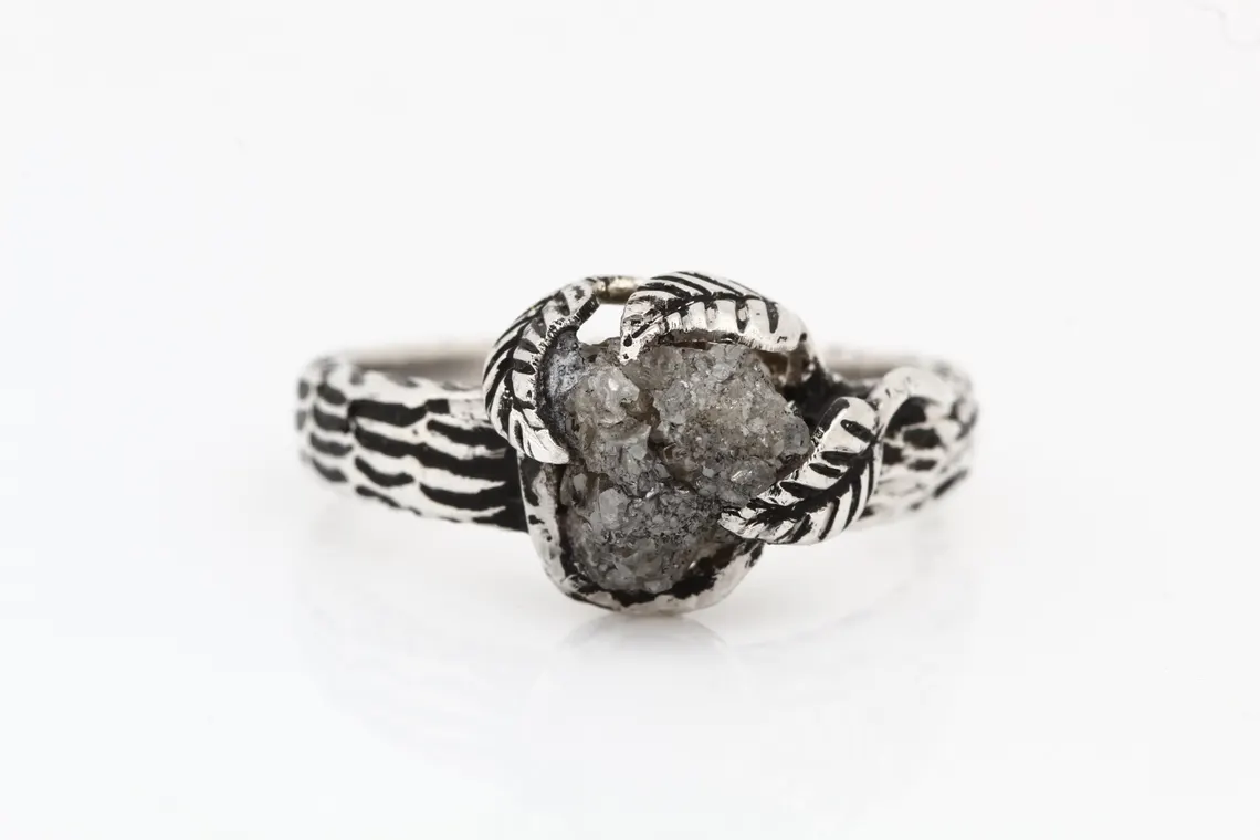Raw Diamond Ring 14K Gold Leaf Engagement Ring, Natural Gray Rough Diamond Ring, Gift for Her