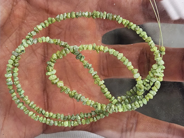 15 carat natural green rough uncut loose diamond beads 16" strand chain silver clasp
