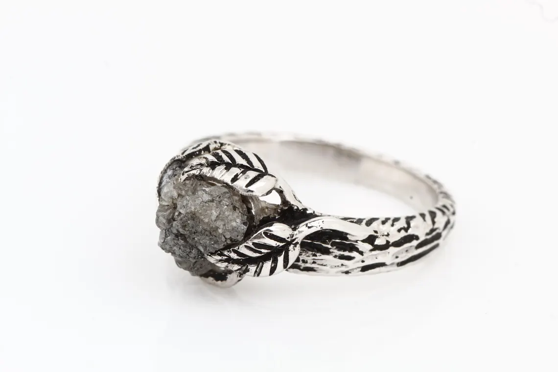 Raw Diamond Ring 14K Gold Leaf Engagement Ring, Natural Gray Rough Diamond Ring, Gift for Her