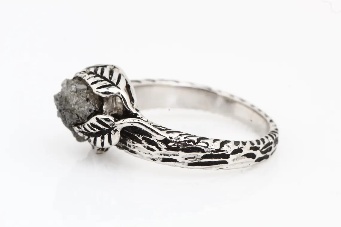 Raw Diamond Ring 14K Gold Leaf Engagement Ring, Natural Gray Rough Diamond Ring, Gift for Her