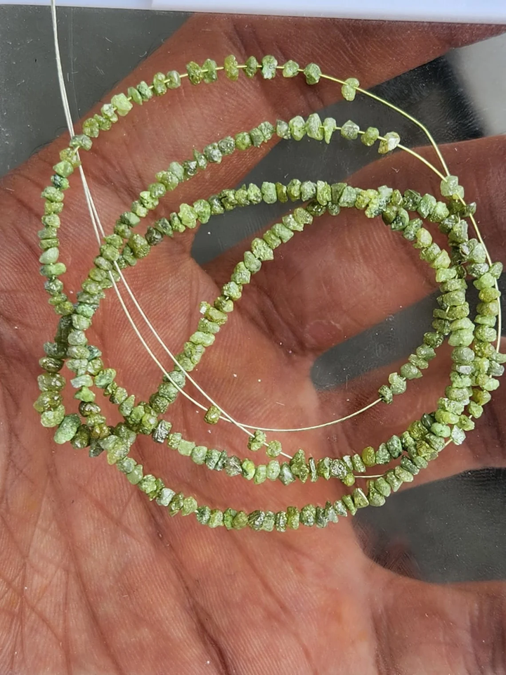 15 carat natural green rough uncut loose diamond beads 16" strand chain silver clasp
