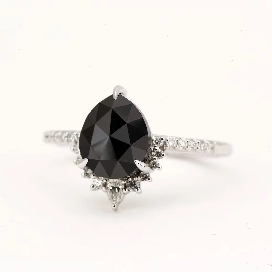 Black Diamond Ring, 14K Gold Engagement Ring, Natural Pear Diamond Wedding Ring, Gift for Her