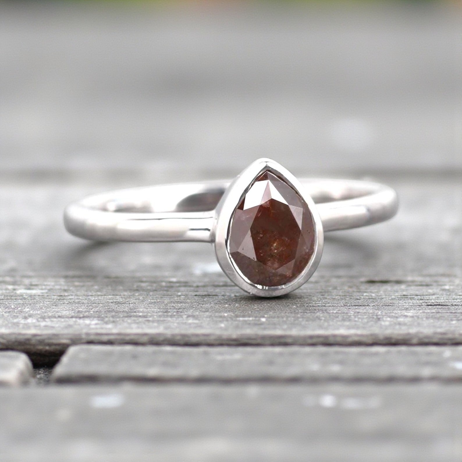 Pear Diamond Ring, 14K Gold Engagement Ring, Natural Brown Red Diamond Ring, Gift for Women
