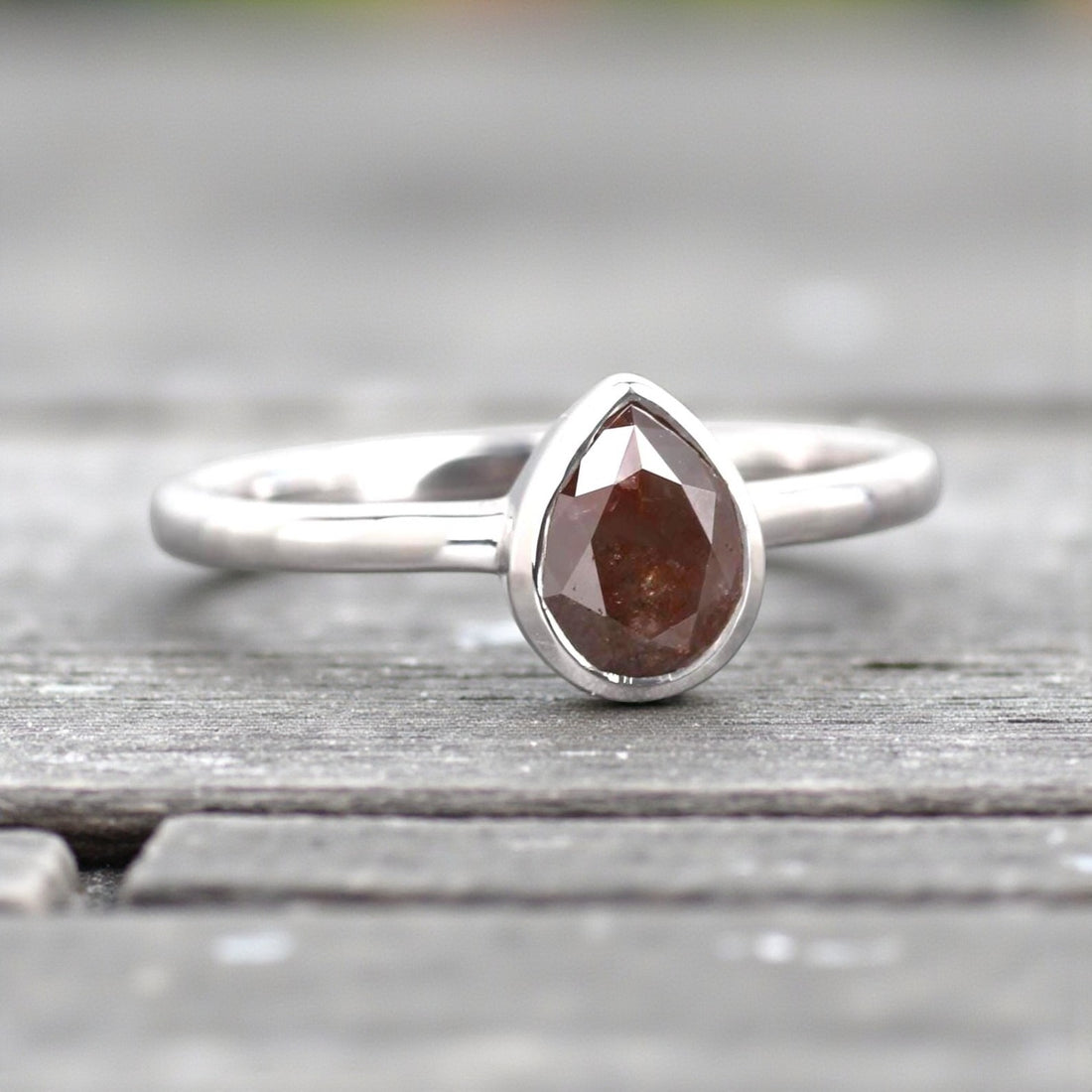 Pear Diamond Ring, 14K Gold Engagement Ring, Natural Brown Red Diamond Ring, Gift for Women