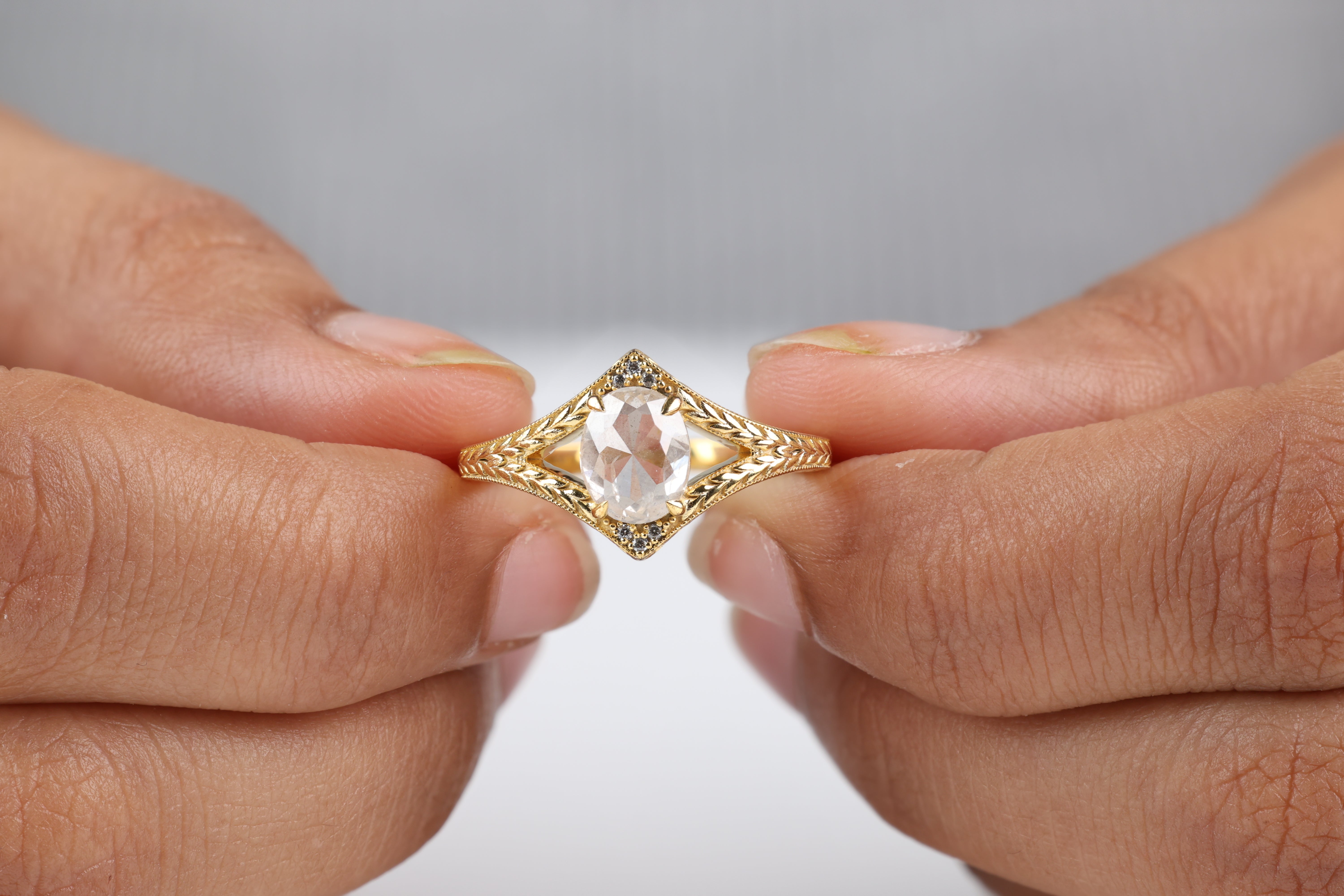 1.53 Ct Salt and Pepper Diamond Ring, Natural Gray Oval Diamond 14k Gold Engagement Ring