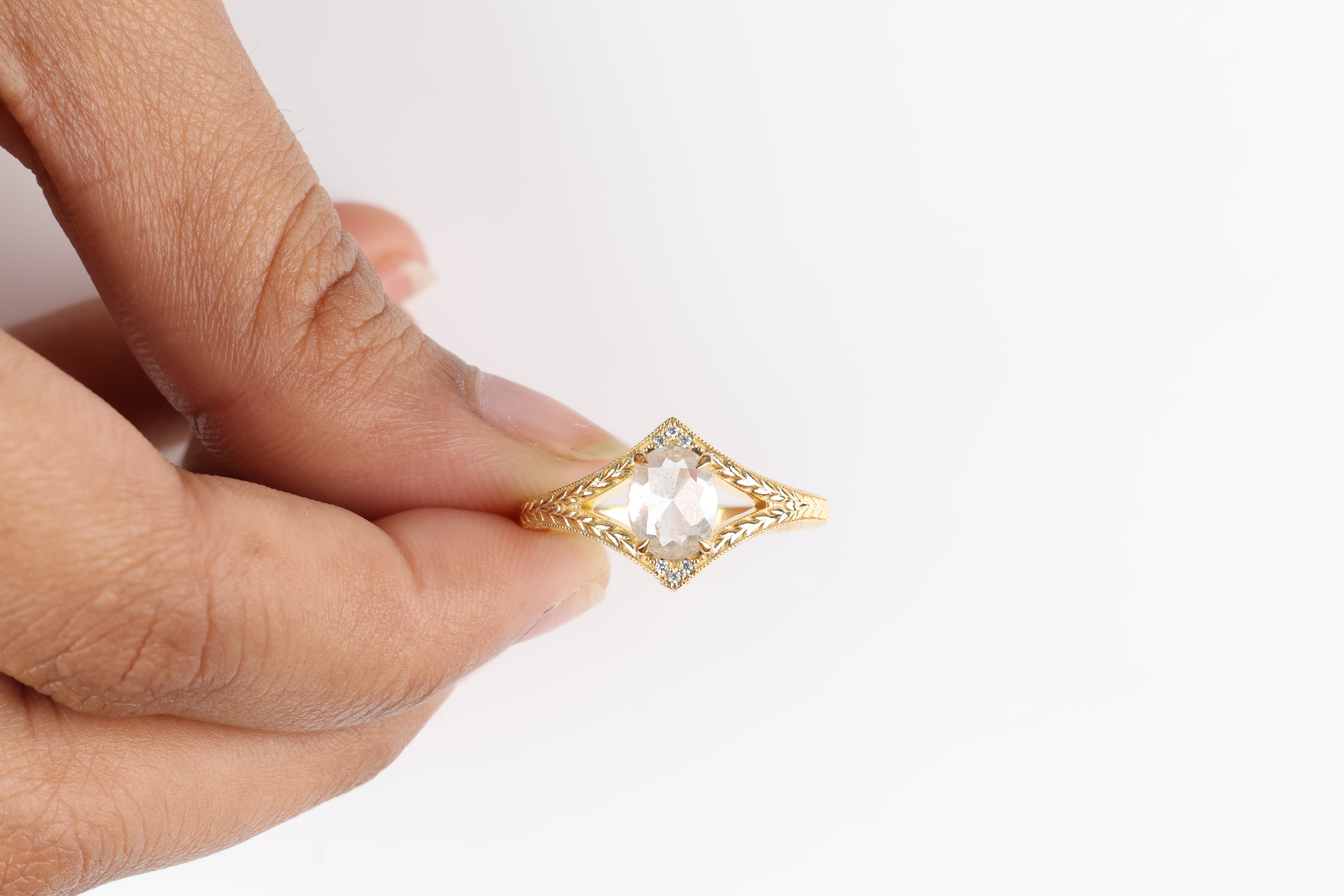 1.53 Ct Salt and Pepper Diamond Ring, Natural Gray Oval Diamond 14k Gold Engagement Ring