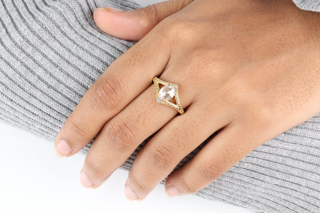 1.53 Ct Salt and Pepper Diamond Ring, Natural Gray Oval Diamond 14k Gold Engagement Ring