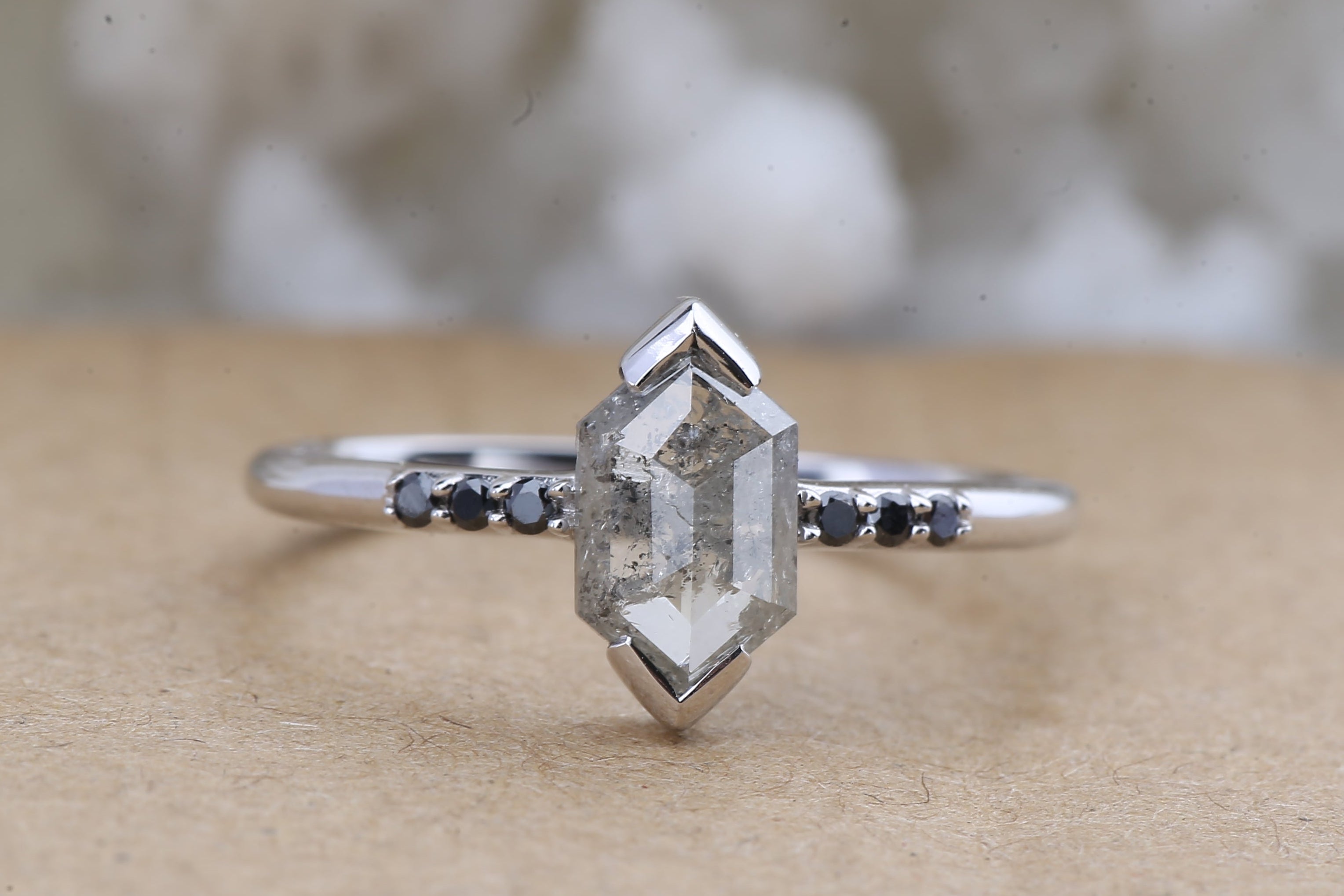 Salt and Pepper Diamond Ring, 14K Gold Engagement Ring, Natural Gray Hexagon Diamond Ring, Christmas Gift for Her