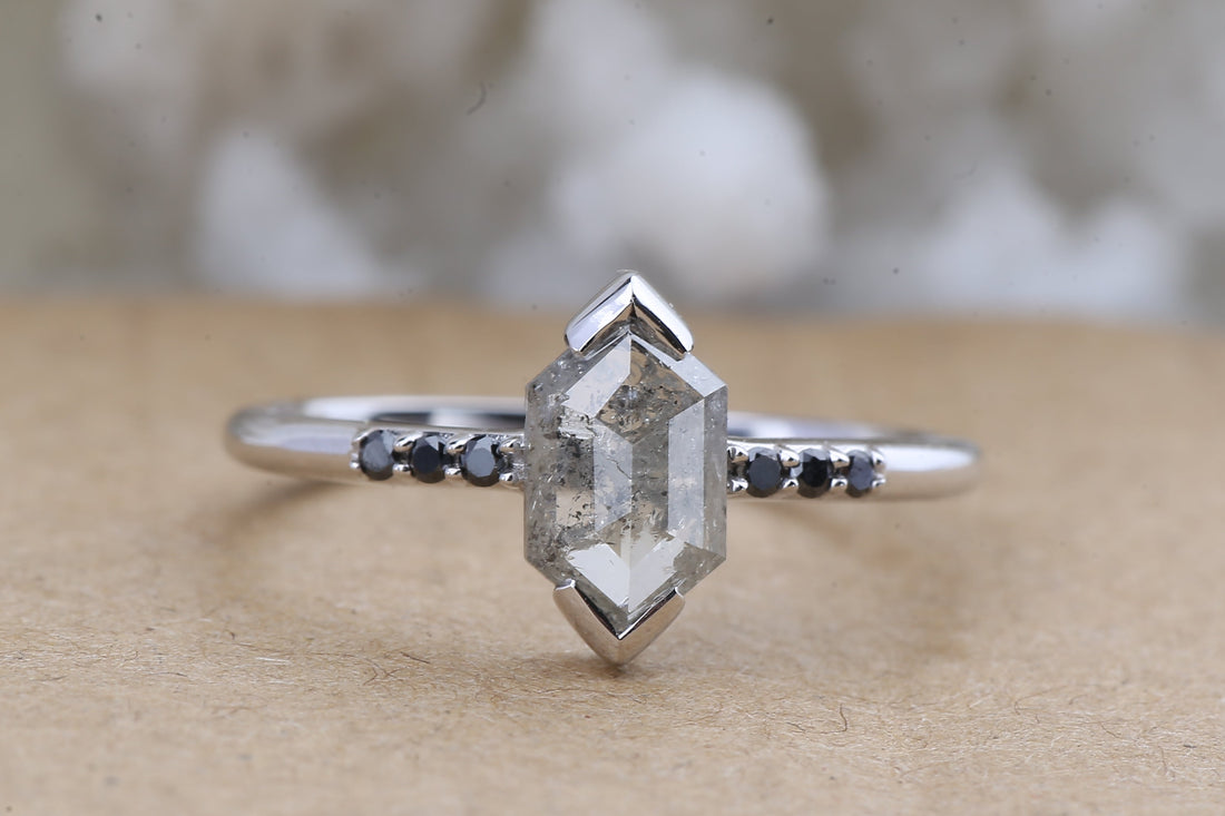 Salt and Pepper Diamond Ring, 14K Gold Engagement Ring, Natural Gray Hexagon Diamond Ring, Christmas Gift for Her