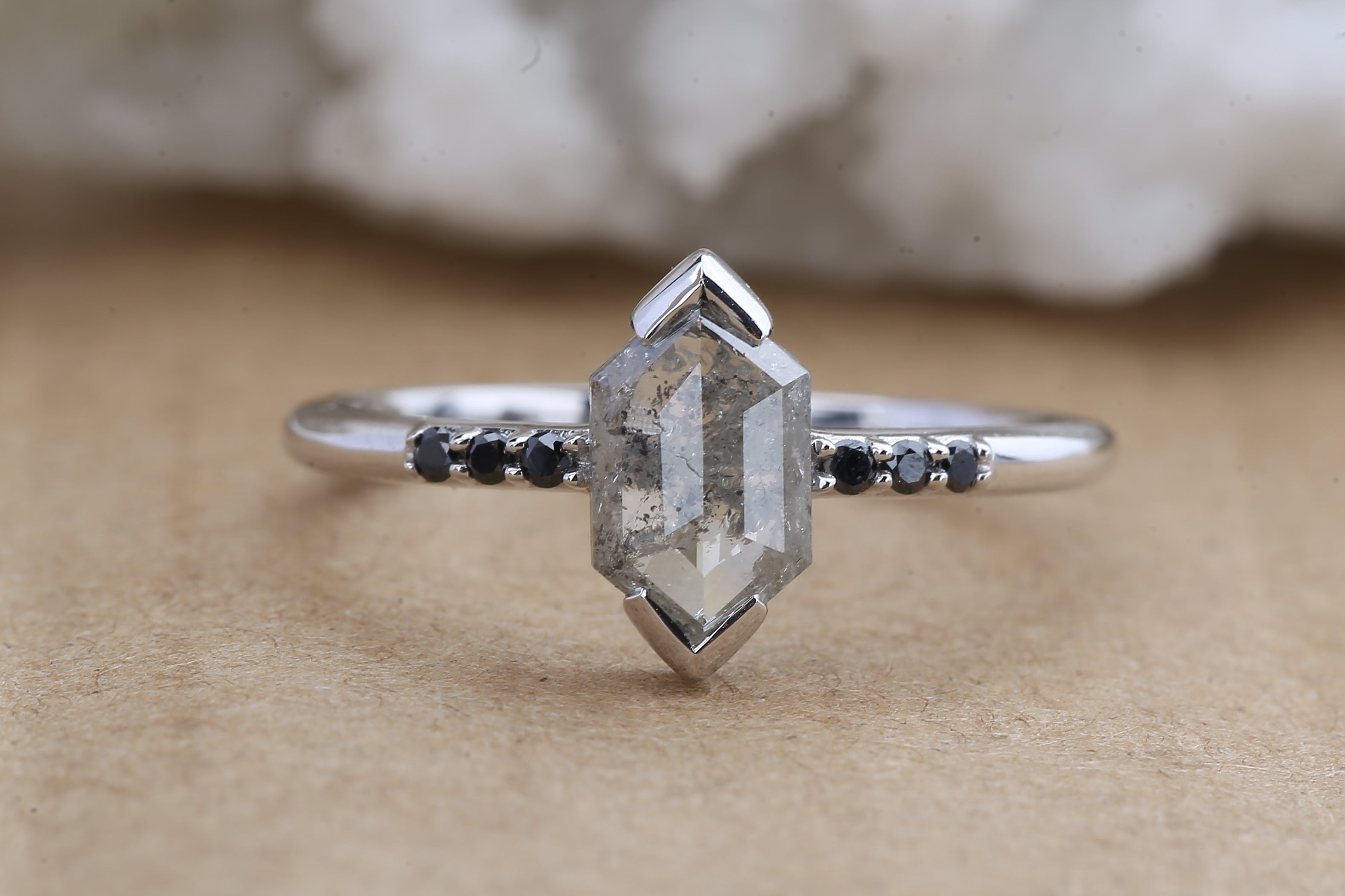 Salt and Pepper Diamond Ring, 14K Gold Engagement Ring, Natural Gray Hexagon Diamond Ring, Christmas Gift for Her