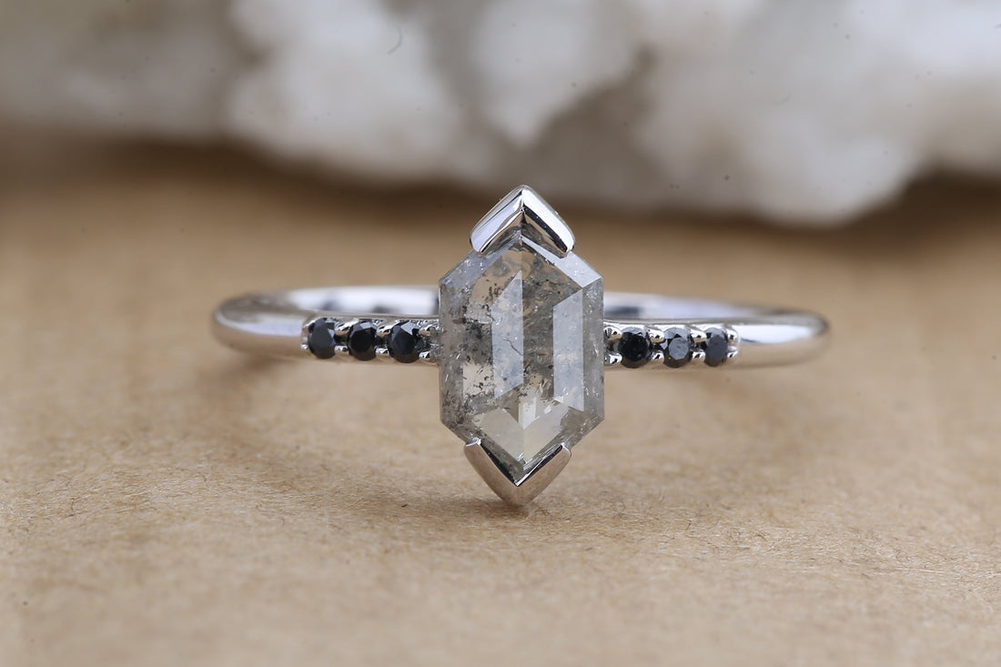 Salt and Pepper Diamond Ring, 14K Gold Engagement Ring, Natural Gray Hexagon Diamond Ring, Christmas Gift for Her