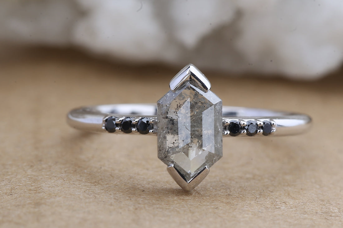 Salt and Pepper Diamond Ring, 14K Gold Engagement Ring, Natural Gray Hexagon Diamond Ring, Christmas Gift for Her