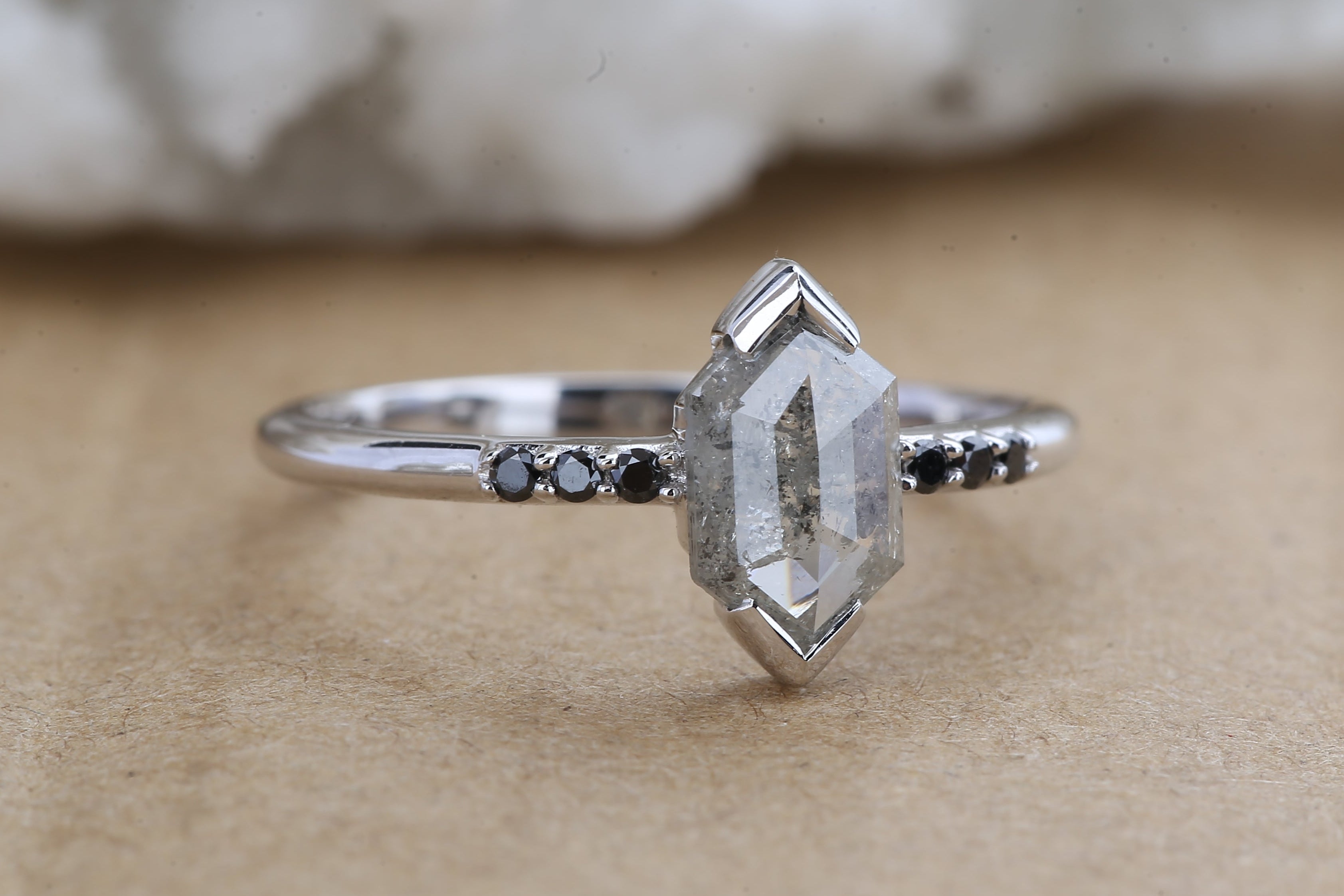Salt and Pepper Diamond Ring, 14K Gold Engagement Ring, Natural Gray Hexagon Diamond Ring, Christmas Gift for Her