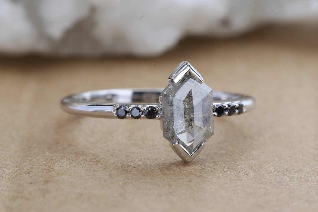Salt and Pepper Diamond Ring, 14K Gold Engagement Ring, Natural Gray Hexagon Diamond Ring, Christmas Gift for Her