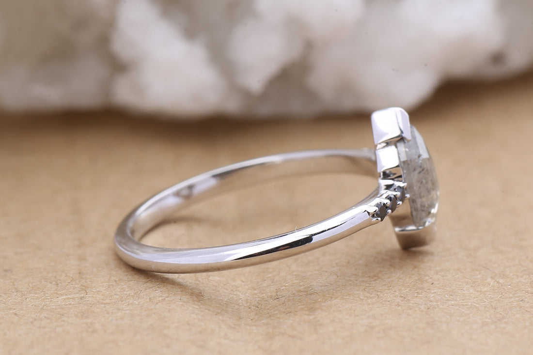 Salt and Pepper Diamond Ring, 14K Gold Engagement Ring, Natural Gray Hexagon Diamond Ring, Christmas Gift for Her