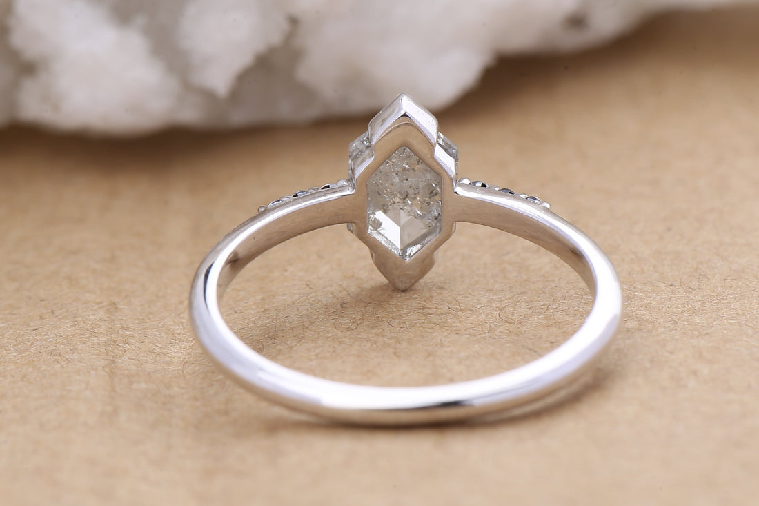 Salt and Pepper Diamond Ring, 14K Gold Engagement Ring, Natural Gray Hexagon Diamond Ring, Christmas Gift for Her