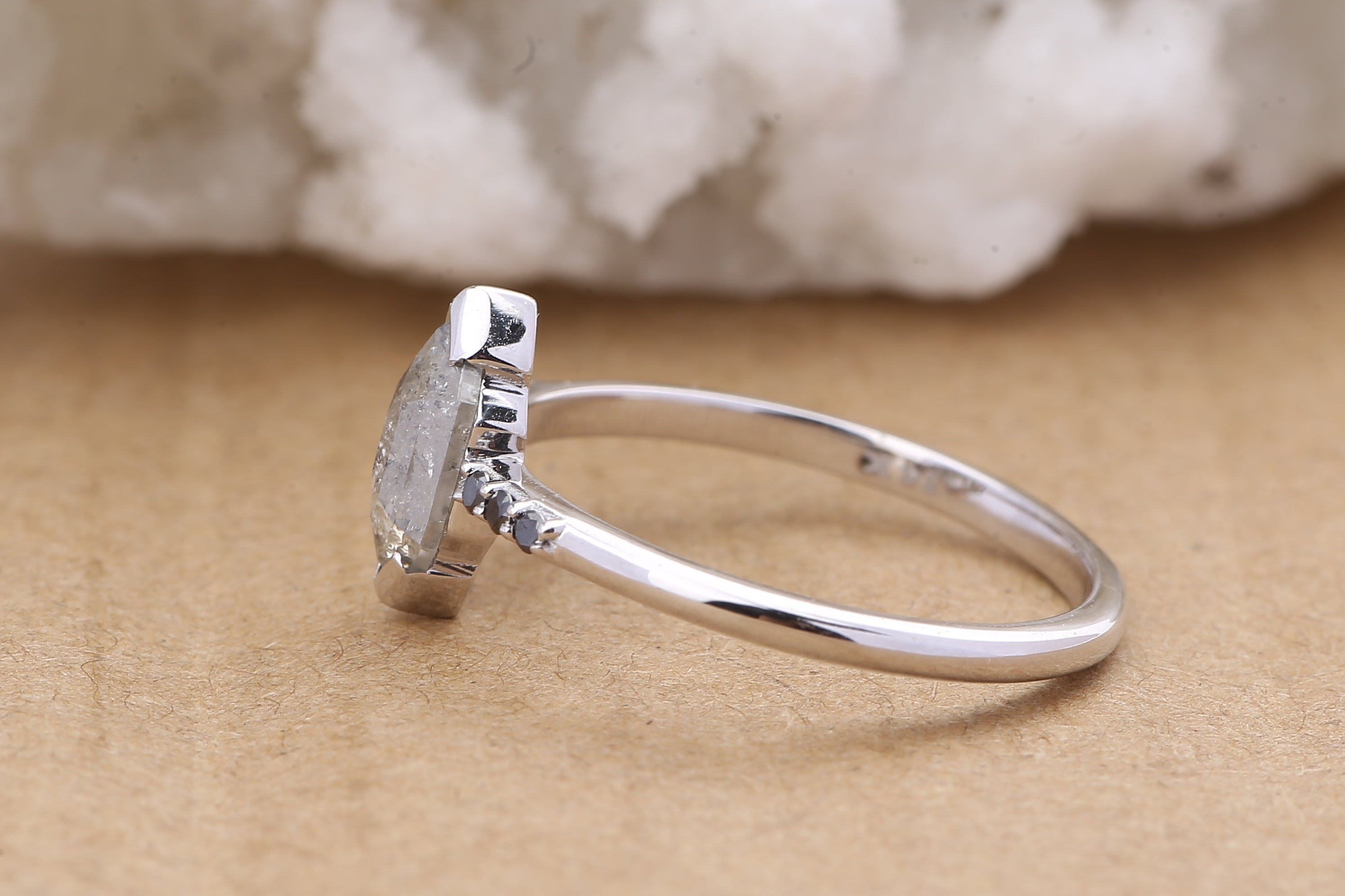 Salt and Pepper Diamond Ring, 14K Gold Engagement Ring, Natural Gray Hexagon Diamond Ring, Christmas Gift for Her