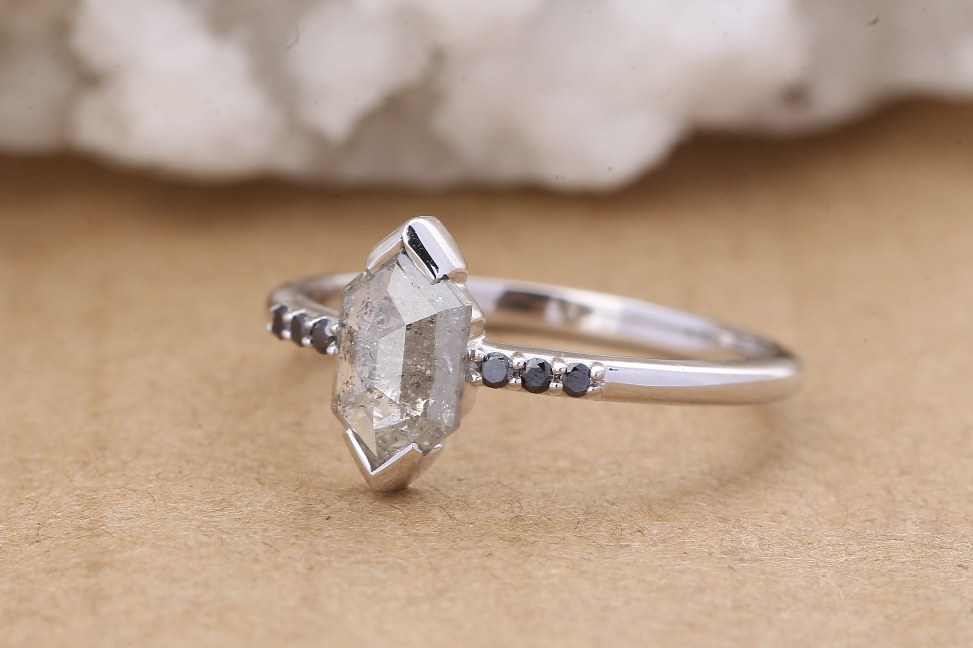 Salt and Pepper Diamond Ring, 14K Gold Engagement Ring, Natural Gray Hexagon Diamond Ring, Christmas Gift for Her