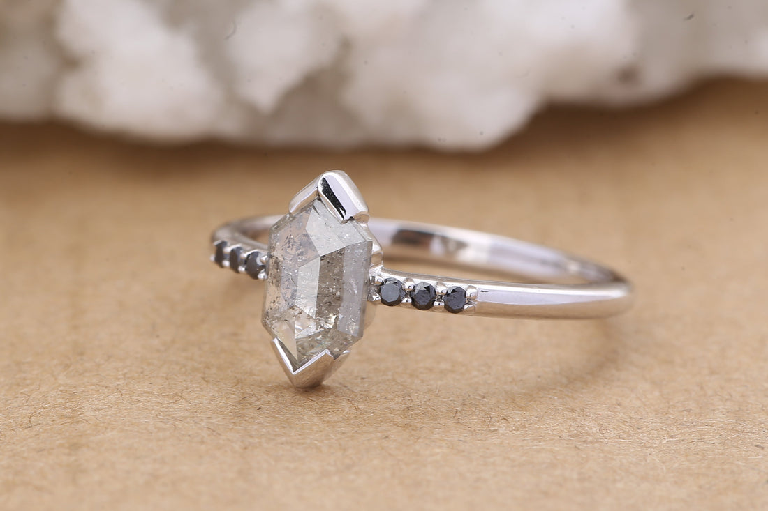 Salt and Pepper Diamond Ring, 14K Gold Engagement Ring, Natural Gray Hexagon Diamond Ring, Christmas Gift for Her