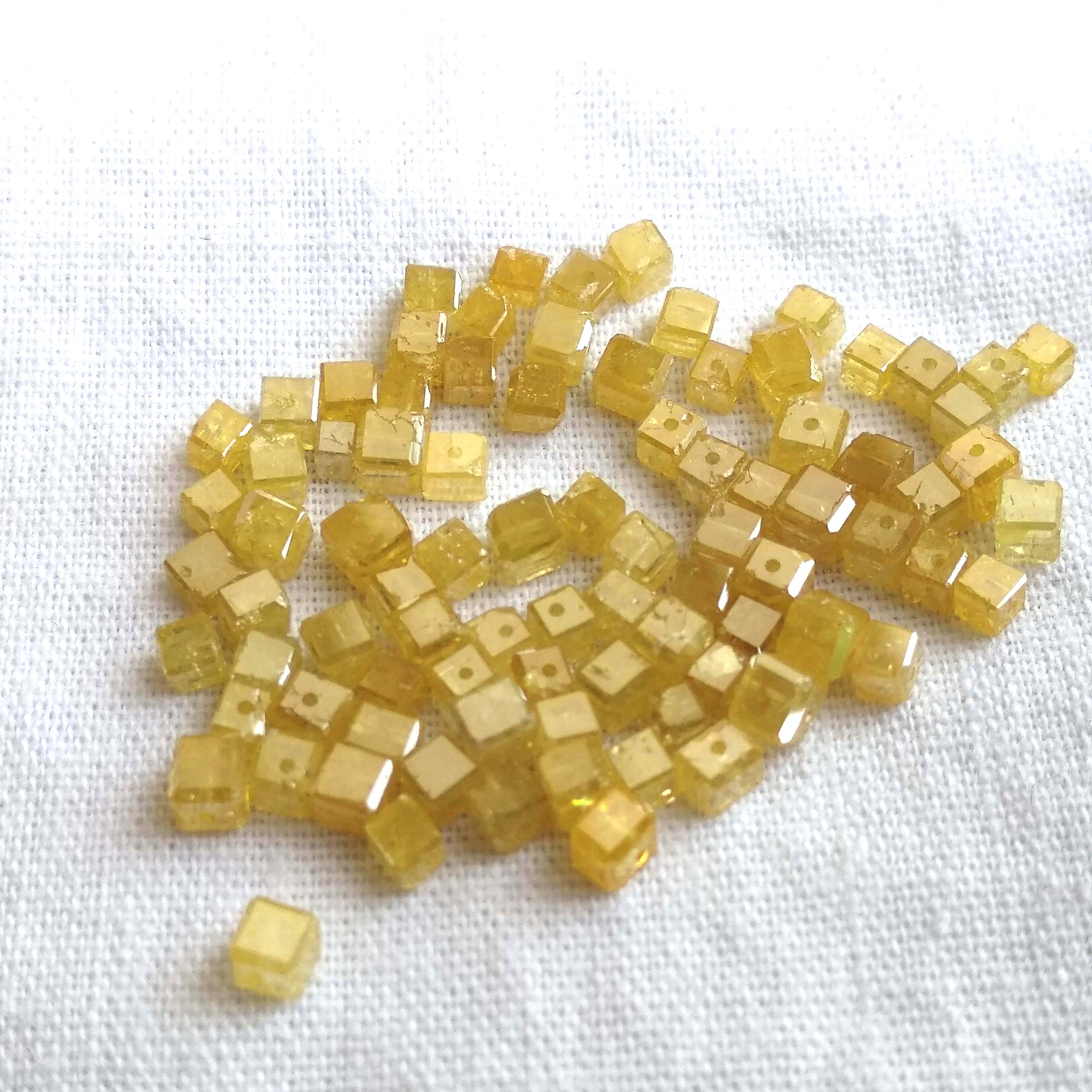 1.00 Carat Fancy Yellow Color Faceted Cube Loose Diamond Beads wt Drilled Hole, Natural Yellow Color Diamond 1.00-1.50 MM
