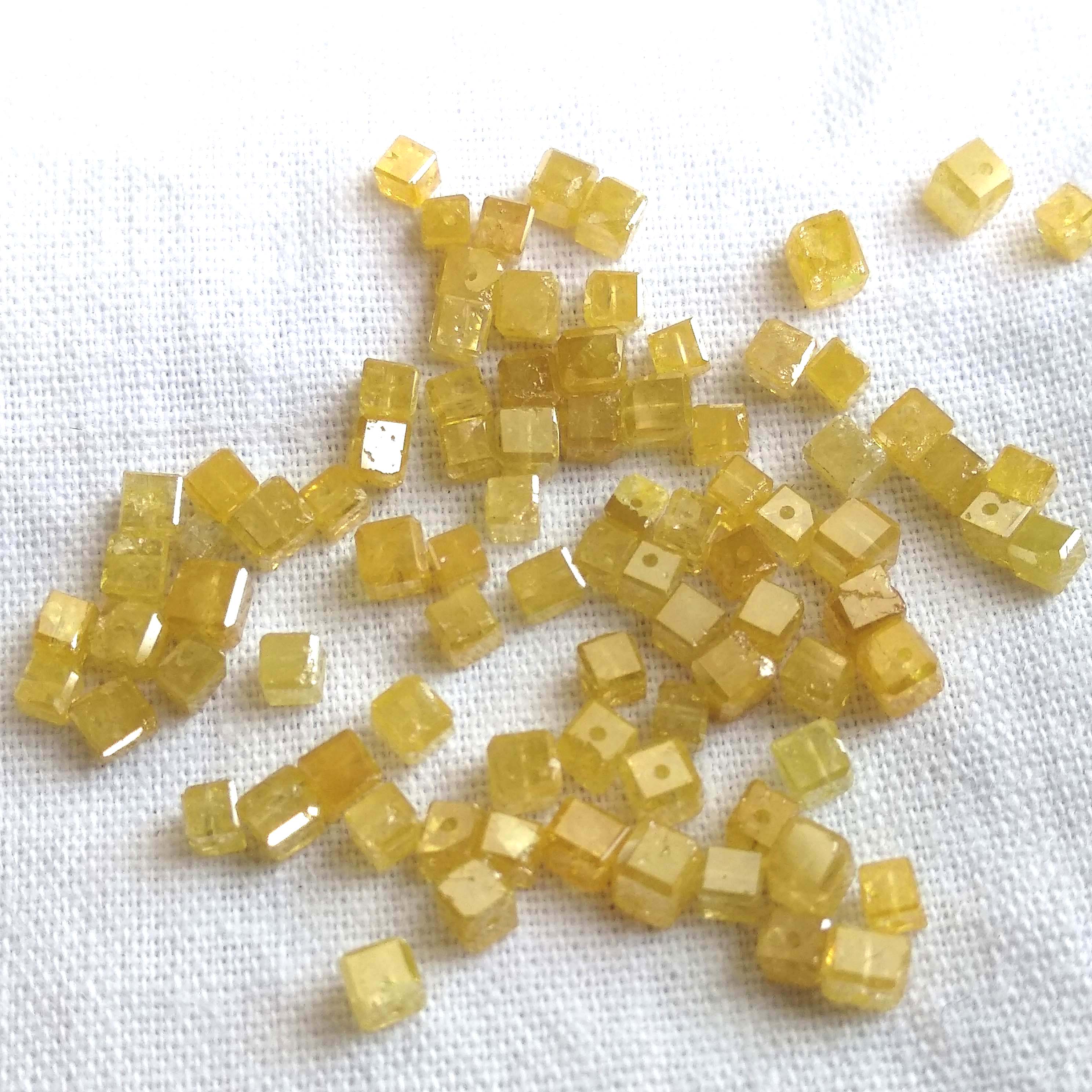 1.00 Carat Fancy Yellow Color Faceted Cube Loose Diamond Beads wt Drilled Hole, Natural Yellow Color Diamond 1.00-1.50 MM