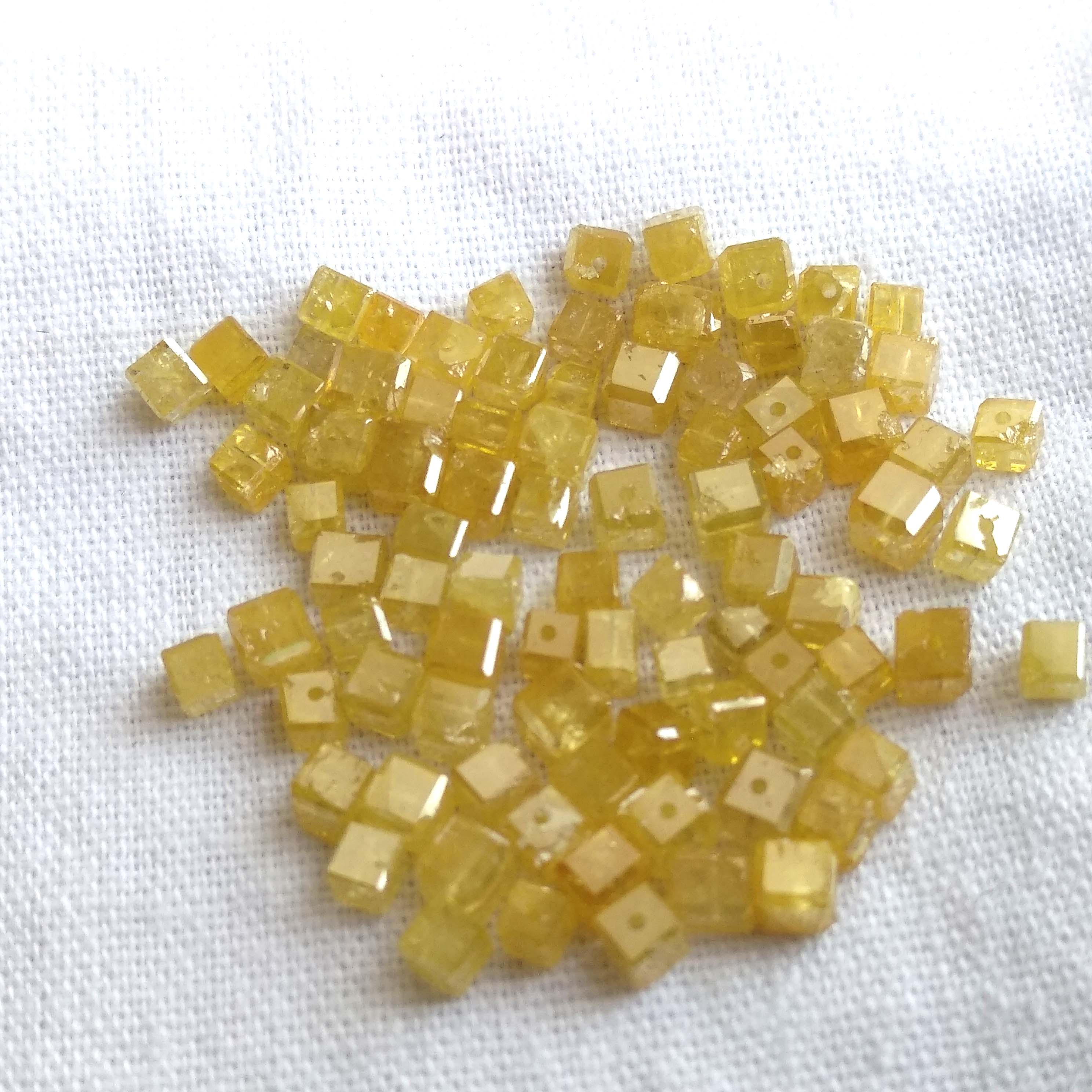 1.00 Carat Fancy Yellow Color Faceted Cube Loose Diamond Beads wt Drilled Hole, Natural Yellow Color Diamond 1.00-1.50 MM