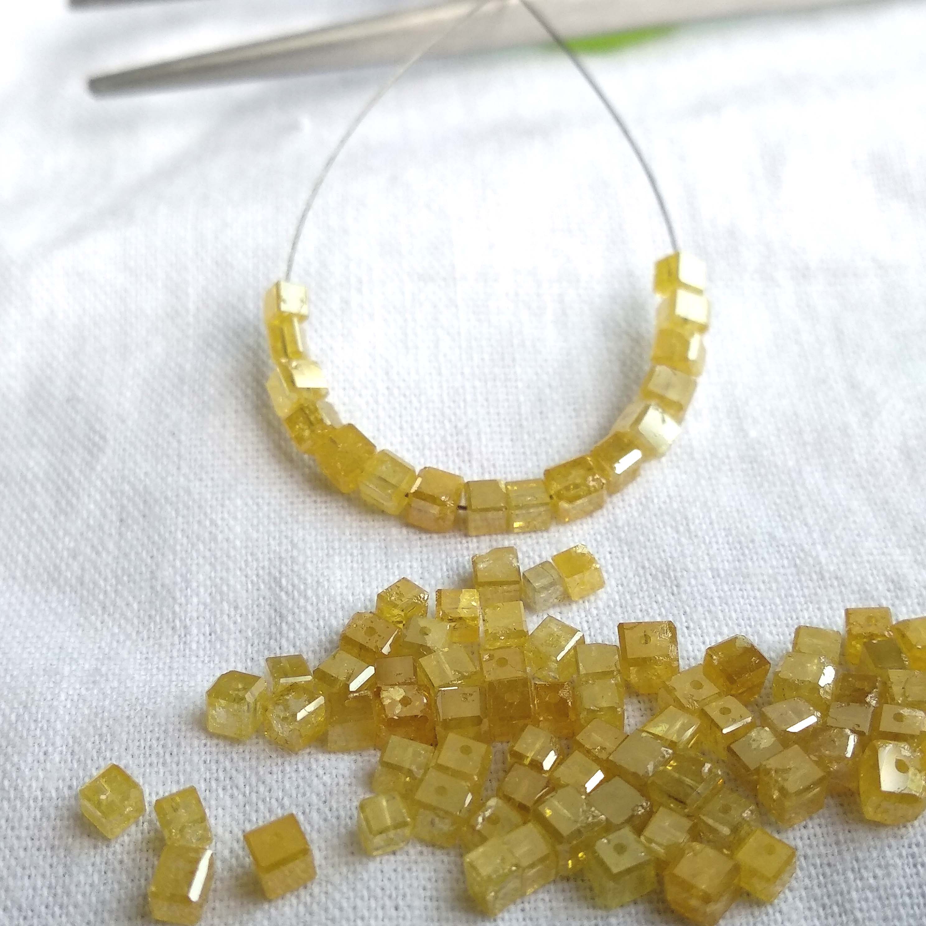 1.00 Carat Fancy Yellow Color Faceted Cube Loose Diamond Beads wt Drilled Hole, Natural Yellow Color Diamond 1.00-1.50 MM