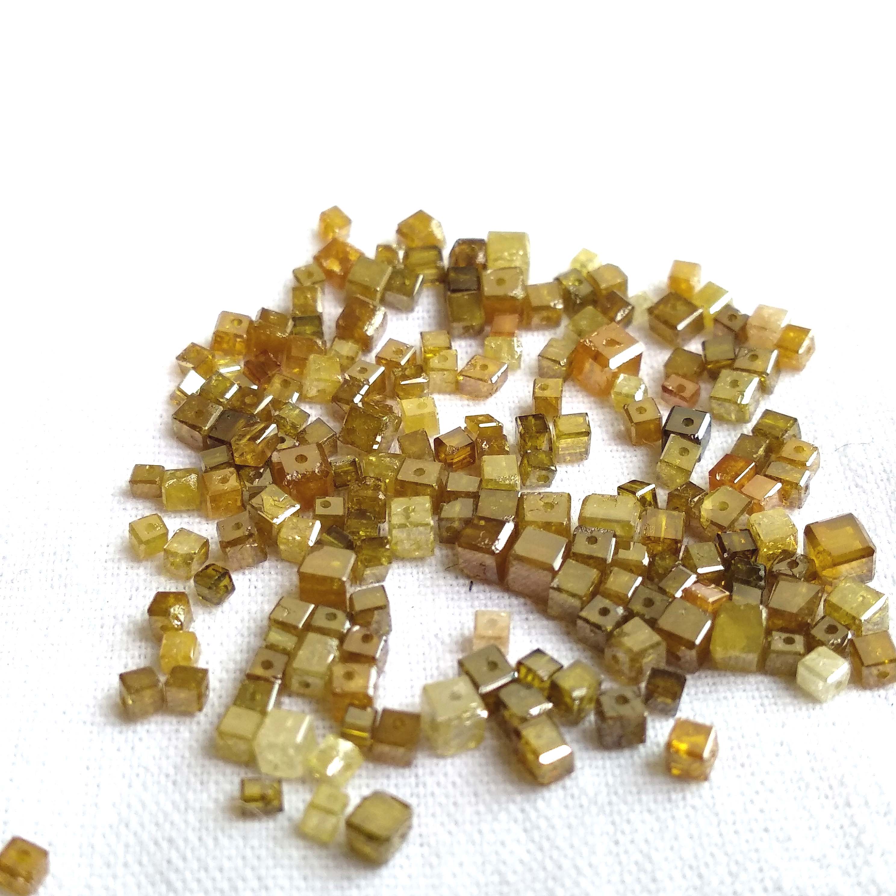 1.00 Ct Lot 1.50-2.00 MM Natural Dark Yellow Color Polished Cube Loose Diamonds Beads wt Drilled Hole