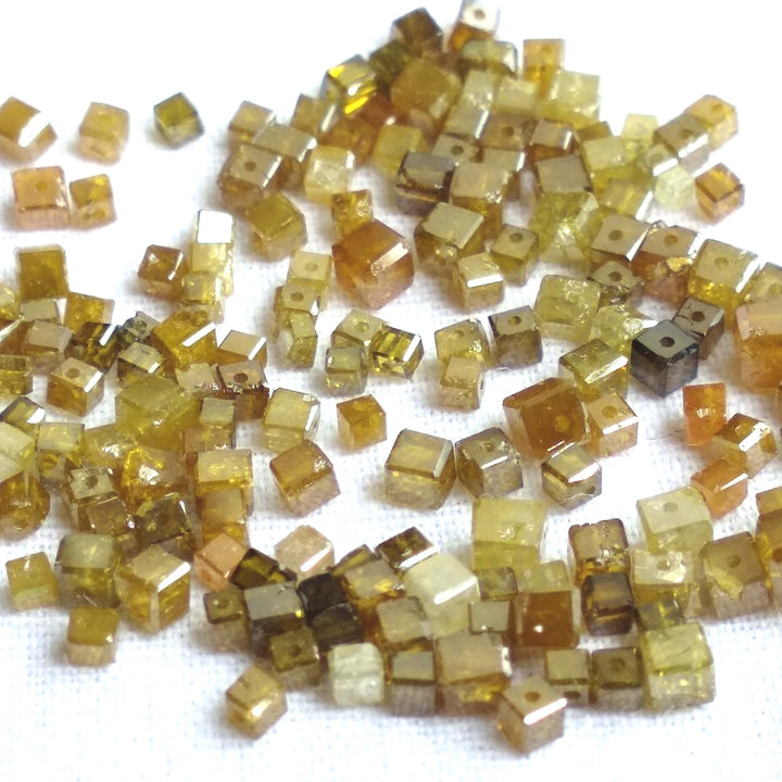 5.00 Ct Lot 1.50 to 2.00 MM Size Natural Dark Yellow Color Polished Cube Diamonds Beads wt Drilled Hole, Sparkling Yellow Square Loose Diamond